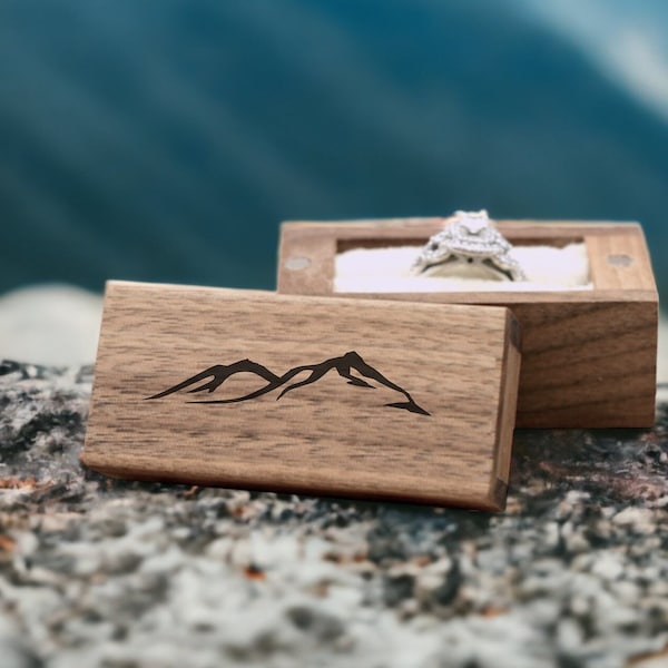 Mountain Laser Engraved Wooden Proposal Ring Box | Walnut Design | Engagement / Wedding Ring Box | Travel Inspired | Destination Wedding