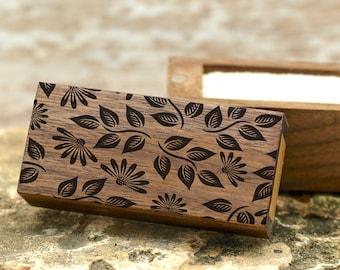 Floral Pattern Laser Engraved Magnetic Wooden Ring Box | Walnut Wood | Engagement Ring Box | Wedding Ring Box