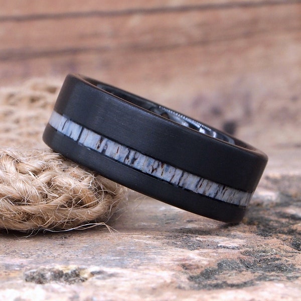 Black Brushed with Thin Deer Antler Inlay Tungsten Carbide Men's Wedding Band | Hand Etched Ring | Ring Box Optional