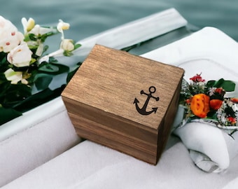 Anchor Laser Engraved Wooden Proposal Ring Box, Rustic Walnut Wood Design, Nautical Coastal Theme Engagement Ring Wedding Band Storage