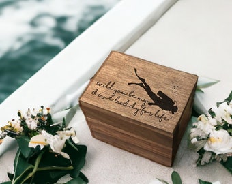 Dive Buddy For Life Engraved Wooden Proposal Ring Box, Rustic Walnut Design, Engagement Ring Wedding Band Storage