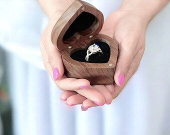 Personalized Laser Engraved Heart Wood Ring Box Wedding Ceremony, Rustic Walnut Design, Engagement Ring Wedding Band Storage, Proposal Box