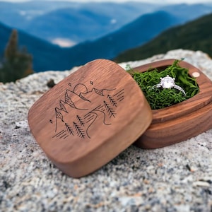 Starry Night Mountain Silhouette Laser Engraved Square Wooden Proposal Ring Box | Walnut Wood | Engagement Ring Box | Wedding Band Box