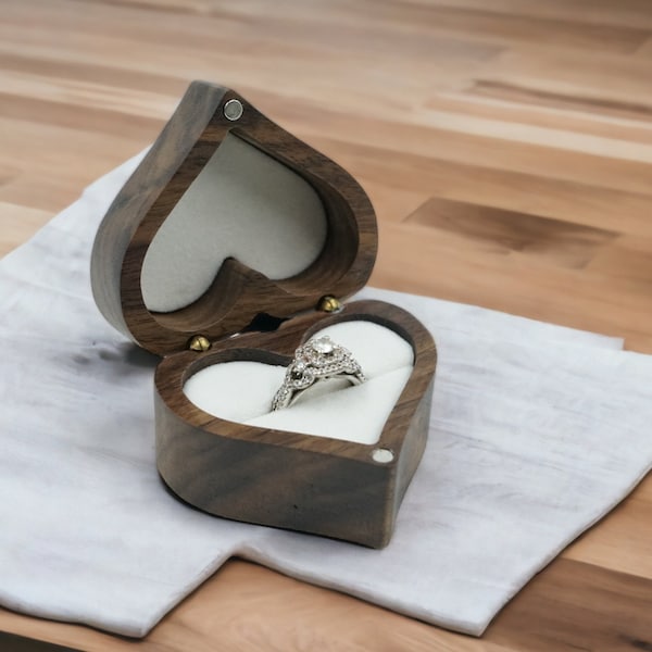 Personalized Heart Shaped Wooden Proposal Ring Box, Rustic Walnut Wood Design, Engagement Ring Wedding Band Storage, Custom Laser Engraving