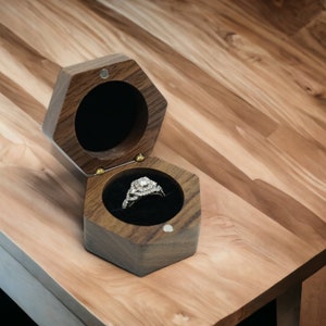 Honeycomb Hexagon Shaped Wooden Proposal Ring Box | Walnut Wood | Engagement Ring Box | Wedding Band Box | Custom Engraving Option