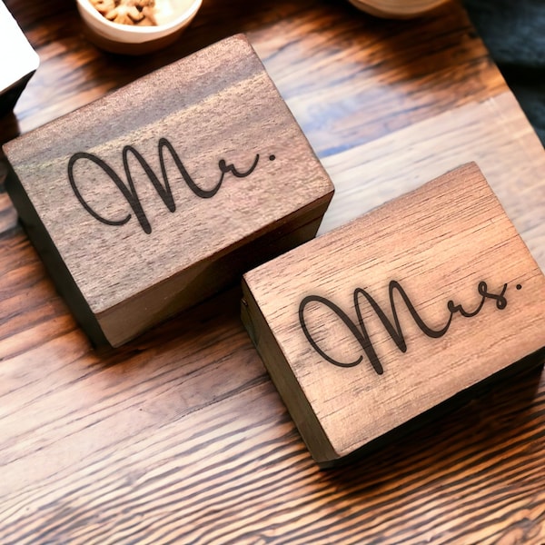 Mr. & Mrs. Rustic Walnut Wooden Ring Boxes Elegant Jewelry Box for Engagement Rings Bands His/Hers Gifts- Anniversary - Weddings Keepsakes