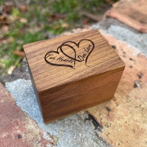 Laser Engraved Wooden Ring Box Two Hearts One Love, Handmade Proposal Engagement Ring / Wedding Band Storage
