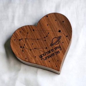 You Are My Universe Laser Engraved Heart Shaped Wooden Proposal Ring Box, Walnut Design, Engagement Ring Box