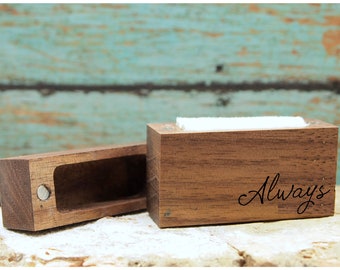 Always Laser Engraved Women's Magnetic Wooden Proposal Ring Box | Walnut Design | Engagement Proposal Box | Low Profile Ring Box