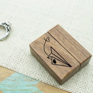 Love Note Paper Plane Engraved Women's Magnetic Wooden Proposal Ring Box, Walnut Design, Low Profile Engagement Ring Box