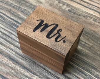 Mr. / Mrs. Laser Engraved Magnetic Rustic Wooden Proposal Ring Box | Walnut Wood | Engagement Ring Box | Mr. & Mrs. Wedding Ring Box
