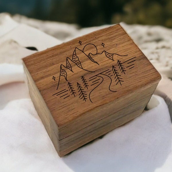 Starry Night Mountain Silhouette Engraved Wooden Proposal Ring Box, Hiking Proposal, Walnut Wood, Wedding Ring Box, Destination Wedding