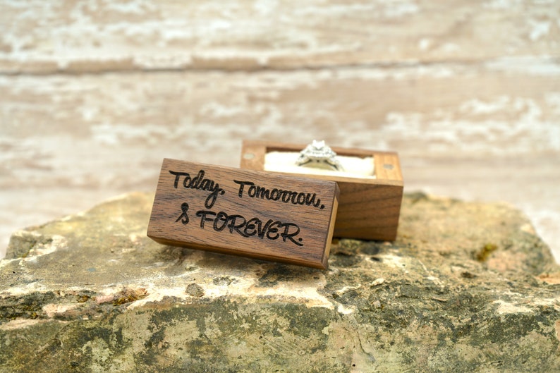 Engagement Ring Box Wedding Ring Box Tomorrow /& Forever Laser Engraved Magnetic Wooden Ring Box Removable Lid Today