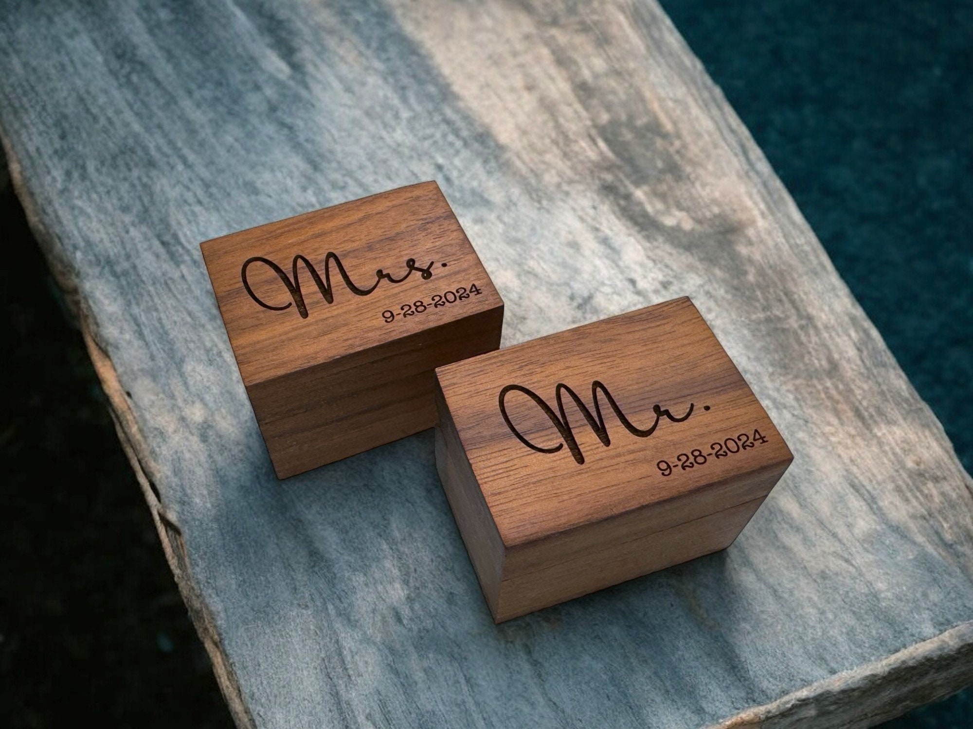 Mr. & Mrs. Rustic Walnut Wooden Ring Boxes Elegant Jewelry Box for Engagement Ring Band His/Hers Ring Box, Anniversary - Weddings Keepsakes