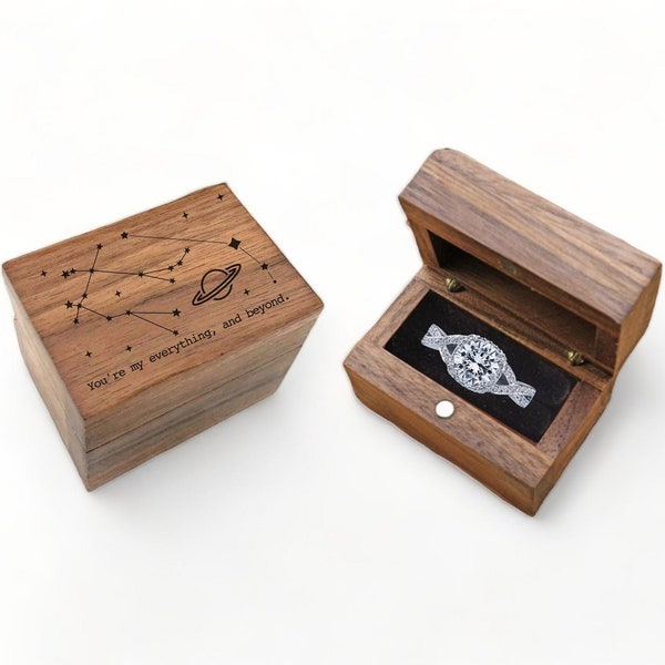 You're My Everything and Beyond Engraved Wooden Proposal Ring Box, Walnut Design,  Celestial Theme Wedding Ring Storage