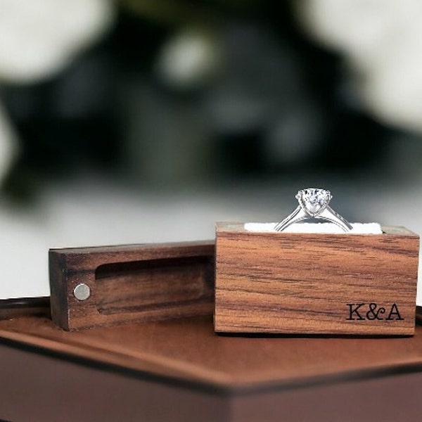 Custom Laser Engraved Pocket Proposal Ring Box, Walnut Wood, Handmade Engagement Ring Wedding Band Storage, Low Profile Ring Box