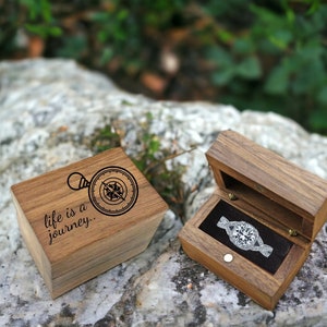 Life Is A Journey Compass Engraved Wooden Proposal Ring Box, Walnut Design, Engagement Wedding Band Storage