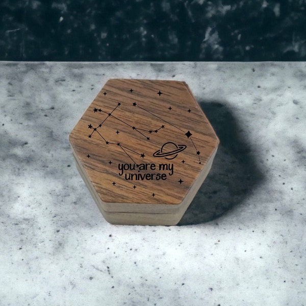 You Are My Universe Laser Engraved Honeycomb Hexagon Shaped Wooden Proposal Ring Box | Walnut Wood | Engagement Ring Box | Wedding Band Box