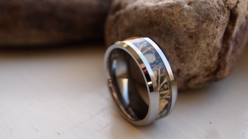Silver CAMO Tungsten Carbide Ring with Rustic Wooden Ring Box \u2022 Men/'s 8mm Wedding Band \u2022 Rustic Wooden Ring Box \u2022 Hand Etched SKU; 637CM