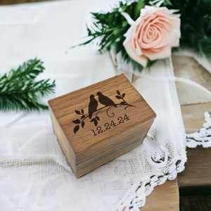 Personalized Laser Engraved Wooden Ring Box &#39;Love Birds&#39;, Walnut Wood, Handmade