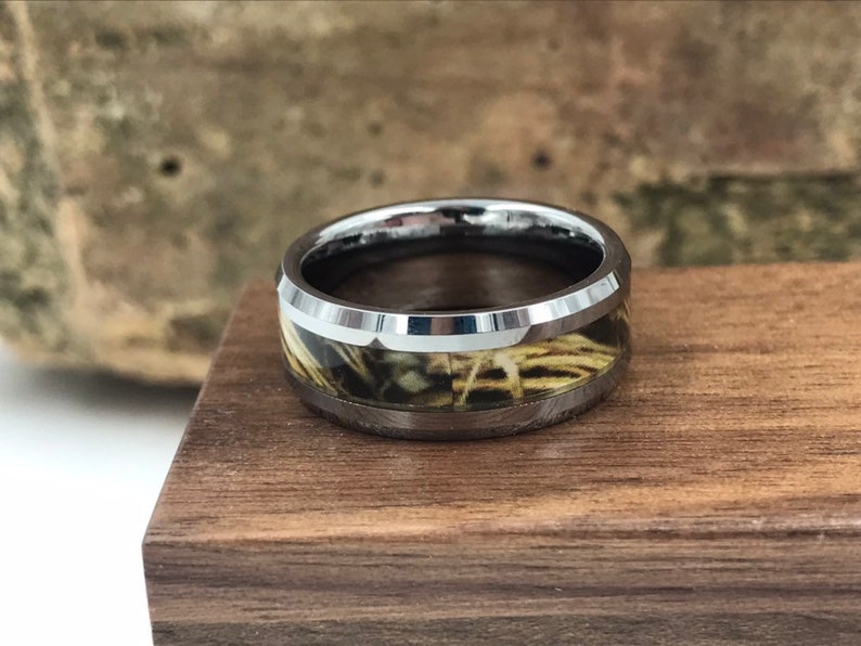 Silver CAMO Tungsten Carbide Ring with Rustic Wooden Ring Box \u2022 Men/'s 8mm Wedding Band \u2022 Rustic Wooden Ring Box \u2022 Hand Etched SKU; 637CM