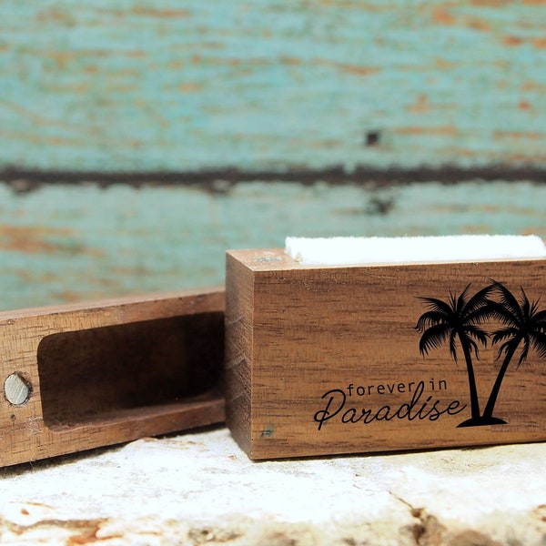 Forever in Paradise Palm Tree Engraved Women's Magnetic Wooden Proposal Ring Box, Walnut Design, Low Profile Engagement Ring Box