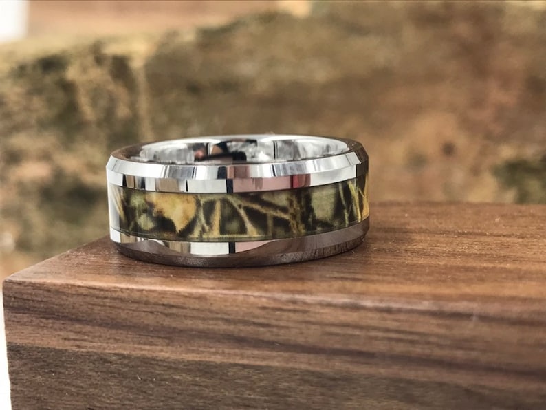 Silver CAMO Tungsten Carbide Ring with Rustic Wooden Ring Box \u2022 Men/'s 8mm Wedding Band \u2022 Rustic Wooden Ring Box \u2022 Hand Etched SKU; 637CM