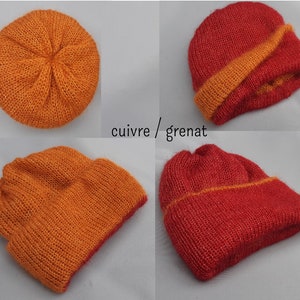 Bonnet bien chaud doublé et réversible laine mohair produite et tricotée en Bourgogne, couleurs au choix, bonnet doublé La Fée Mohair cuivre / grenat