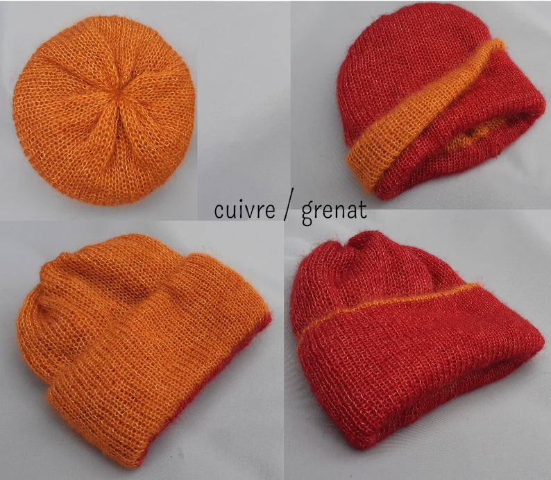 Bonnet bien chaud doublé et réversible laine mohair produite et tricotée en Bourgogne, couleurs au choix, bonnet doublé La Fée Mohair cuivre / grenat