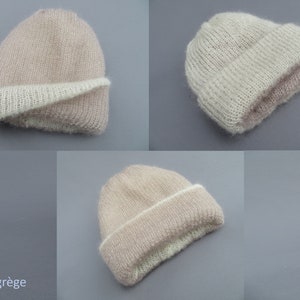 Bonnet bien chaud doublé et réversible laine mohair produite et tricotée en Bourgogne, couleurs au choix, bonnet doublé La Fée Mohair écru - greige