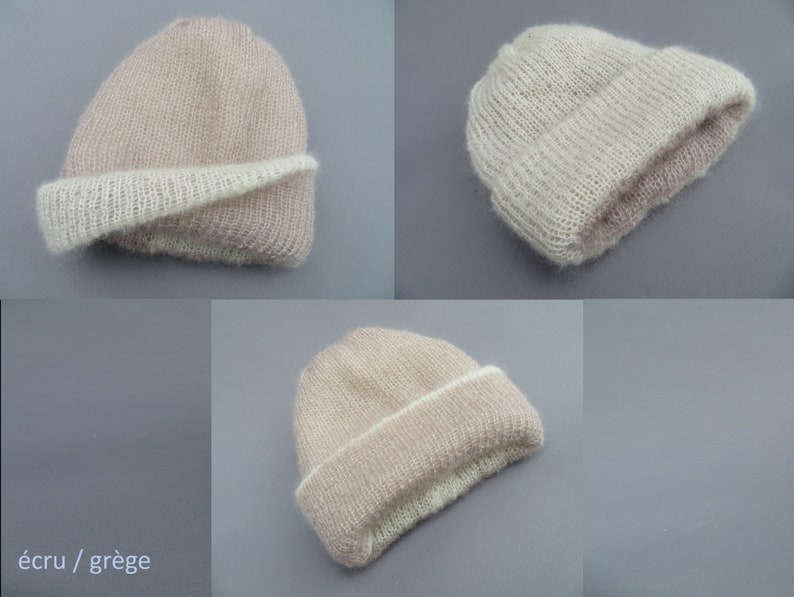 Bonnet bien chaud doublé et réversible laine mohair produite et tricotée en Bourgogne, couleurs au choix, bonnet doublé La Fée Mohair écru - greige