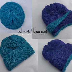 Bonnet bien chaud doublé et réversible laine mohair produite et tricotée en Bourgogne, couleurs au choix, bonnet doublé La Fée Mohair col vert / bleu nuit