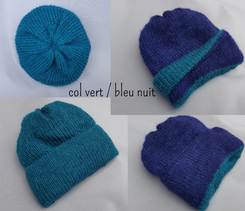 Bonnet bien chaud doublé et réversible laine mohair produite et tricotée en Bourgogne, couleurs au choix, bonnet doublé La Fée Mohair col vert / bleu nuit