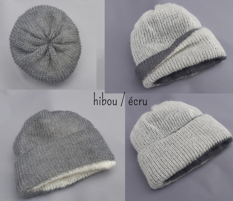 Bonnet bien chaud doublé et réversible laine mohair produite et tricotée en Bourgogne, couleurs au choix, bonnet doublé La Fée Mohair hibou / écru