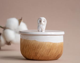 Owl Salt Cellar with lid Ceramic, Organic Personalized Handmade Pottery Wabi Sabi Kitchen Christmas Gift