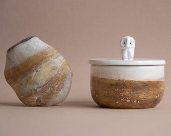 Aesthetic Ceramic Salt Cellar with Owl Bird Lid: Personalized Handmade Kitchen Gift in Coffee, Lilac, Speckled, Mint or Rose colors