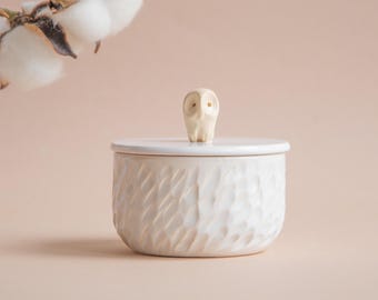 Snow White Ceramic Salt Cellar with Owl Bird Lid: Trendy Handmade Minimalist Modern Personalized Kitchen Christmas Gift