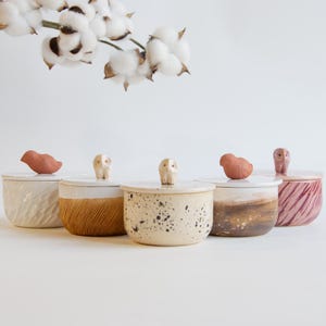 May include: Five small ceramic lidded jars arranged in a row. Each jar features a unique finish, including white textured, tan ribbed, cream speckled, brown gradient, and pink swirl patterns. Each lid is topped with a small sculpted animal figure.