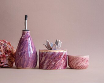 Handmade Kitchen Gift: Hand painted Sugar bowl, Salt cellar, Olive oil cruet