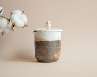 Ceramic Creamer Jug Pitcher with Owl Lid: Handmade Milk Pourer, Syrup Jar