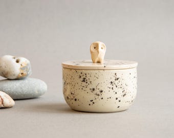 Ceramic Speckled Salt Cellar with Owl Bird lid - Handmade Personalized Trendy Kitchen Christmas Gift