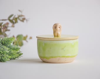 Ceramic Salt Cellar with Owl Bird Lid Apple Green: Artisan Personalized Handmade Kitchen Christmas Gift in  Speckled, Mint or Rose colors