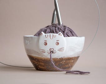 Ceramic Yarn Bowl Holder With Cat Cute Face: Pottery Handmade Gift for Knitters Crocheters