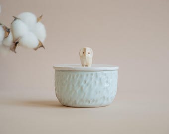Mint Ceramic Salt Cellar with Owl Lid: Trendy Cute Personalized Handmade Pottery Kitchen Christmas Gift in Lilac, Speckled, Rose colors