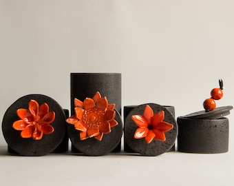 Ceramic Canister Kitchen Storage Set Handmade Black with Orange Flower Lid