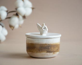 Small Ceramic Owl Salt Cellar with Bird Lid - Cute Artisan Aesthetic Handmade Personalized Kitchen Christmas Gift