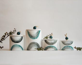 Hand Painted Vintage Ceramic Pottery Canister Set: Handmade Kitchen Gift