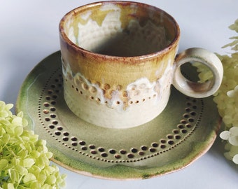 Pottery Mug With Saucer Handmade Ceramic Cappuccino Cup Tea Coffee Mug