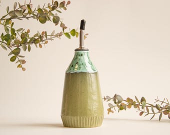 Olive Green Ceramic Oil Cruet Bottle Dispenser Handmade