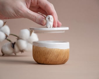 Ceramic Salt Cellar with Owl Bird Lid: Cute Personalized Organic Handmade Kitchen Christmas Gift in Lilac, Speckled, Mint, Coconut colors